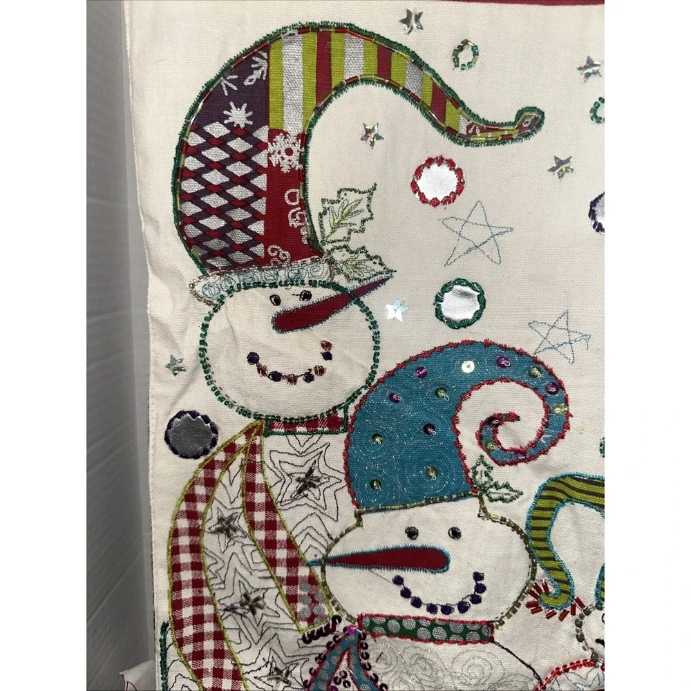 Pier 1 Imports Snowman Christmas Table Runner Embroidered Beaded Fringe 108x13